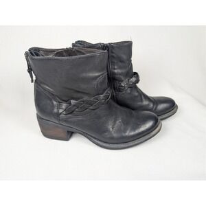 Minelli Black Leather Braided Ankle Boots Womens 37 Handcrafted Zip Up Moto Boot